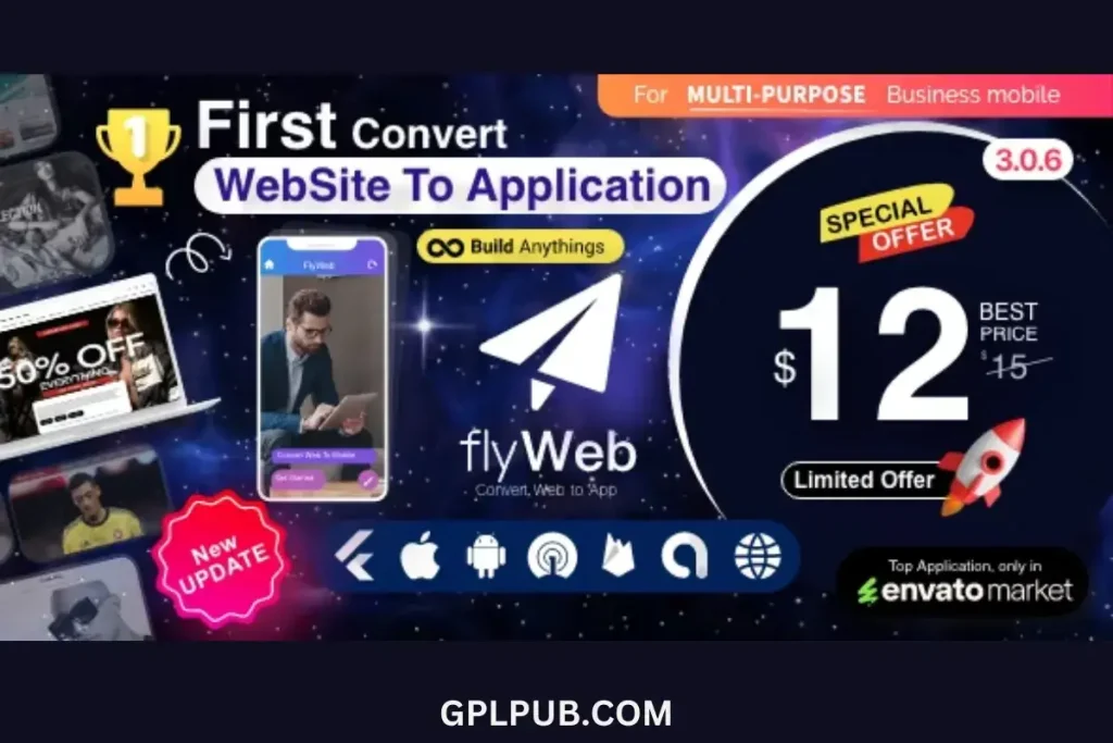 FlyWeb is a premium web application that converts websites into mobile apps for Android and iOS platforms, available for free download on GPLPUB.COM under the GPL license.