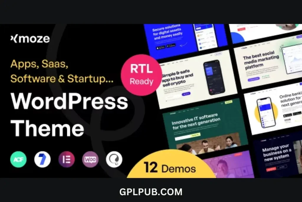 Xmoze is a premium WordPress theme designed for startups, SaaS solutions, and mobile app development, available for free GPL download.